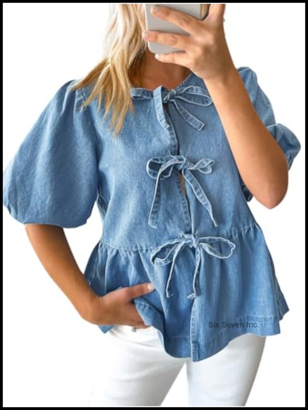 Denim Tie Front Peplum Blouse Puff Sleeve Babydoll Top